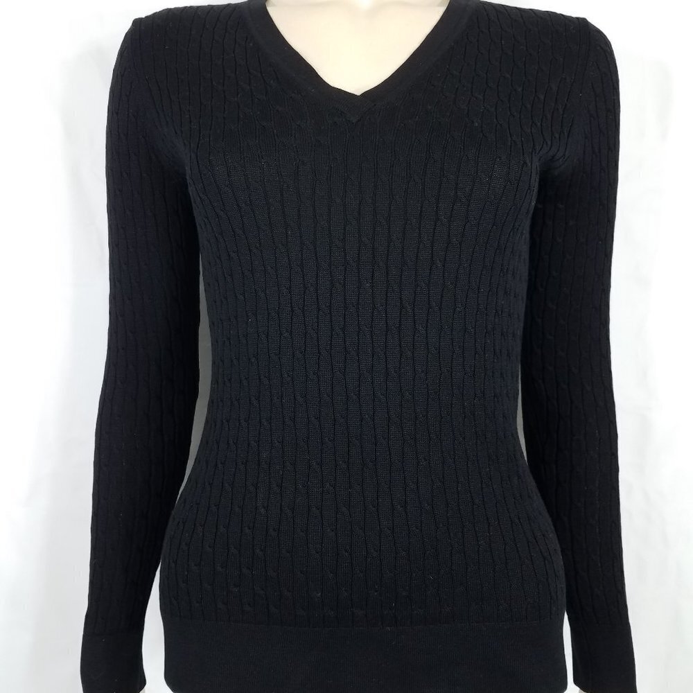 Belford black 100% Silk cable knit v-neck pullover sweater ladies Medium